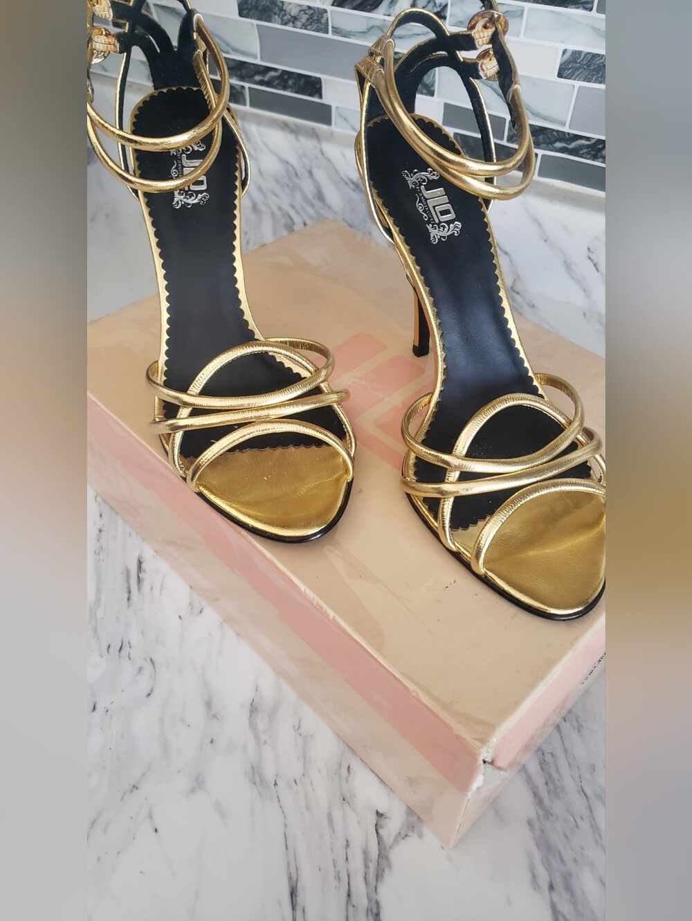 Jennifer Lopez Metallic Gold Multi-Strap Stiletto Heels